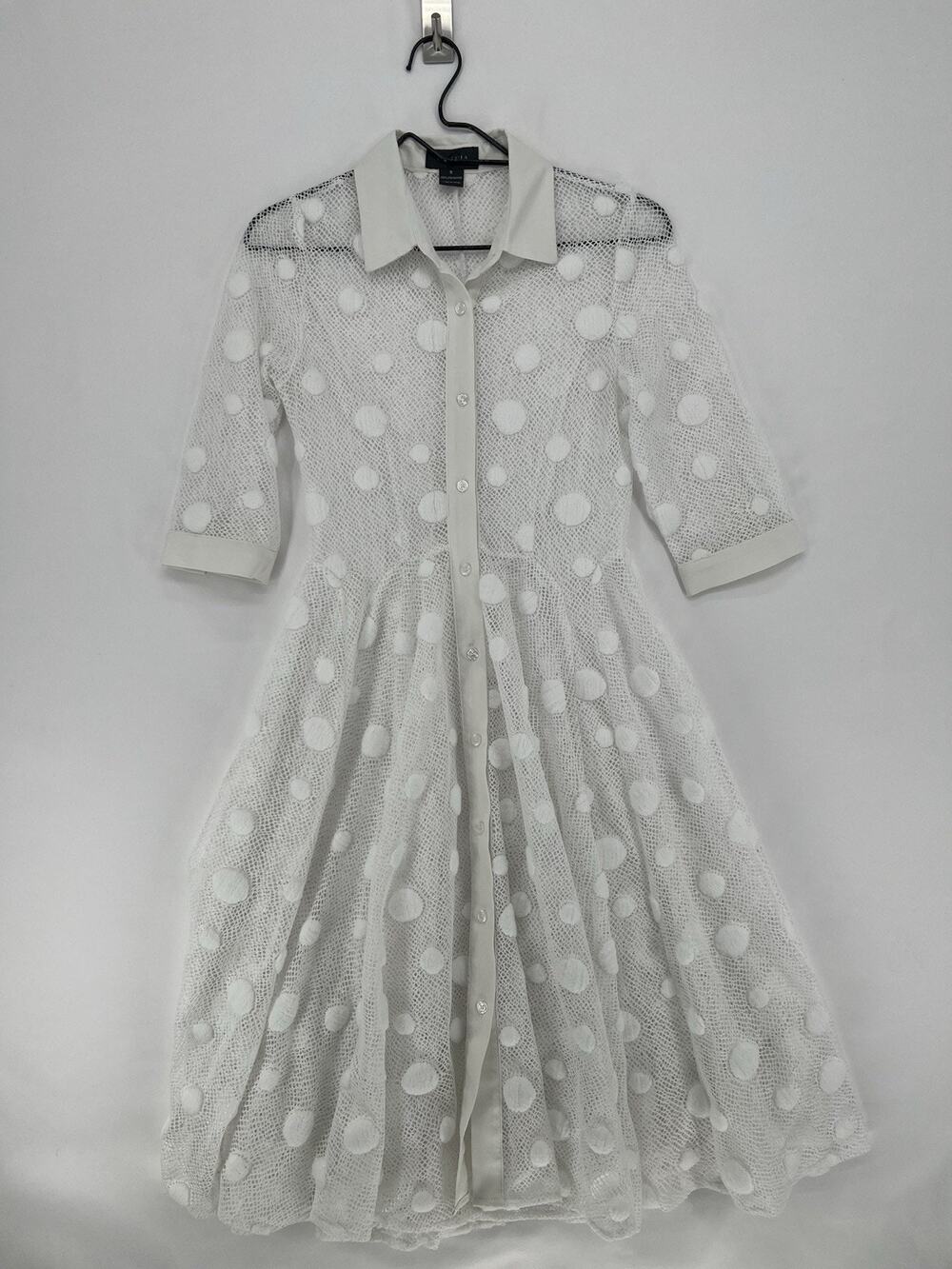 Gracia White Polka Dot Mesh Shirt Dress Fit Flare Midi Small Retro Chic